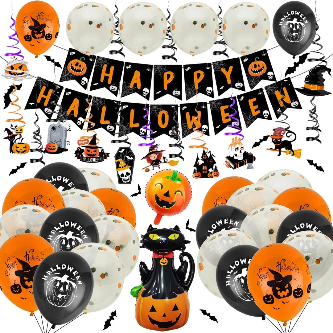 Halloween party decorations with balloons, bunting and bats