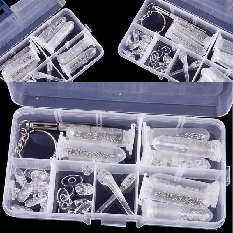 Glasses repair kit with screws, nose pads, washers and mini screwdriver