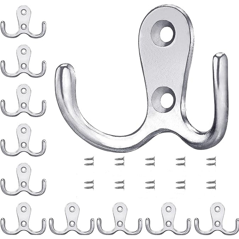 10 pack silver double coat hooks with screws