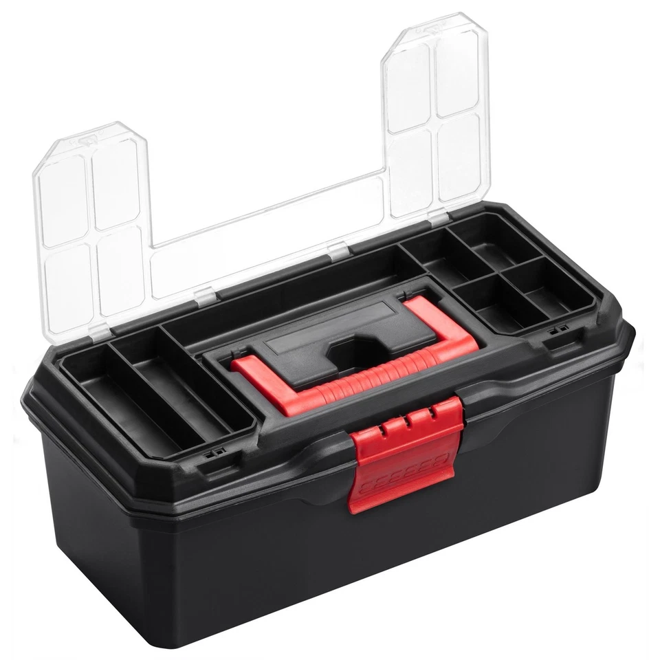13 inch black organiser toolbox with top compartments and carry handle