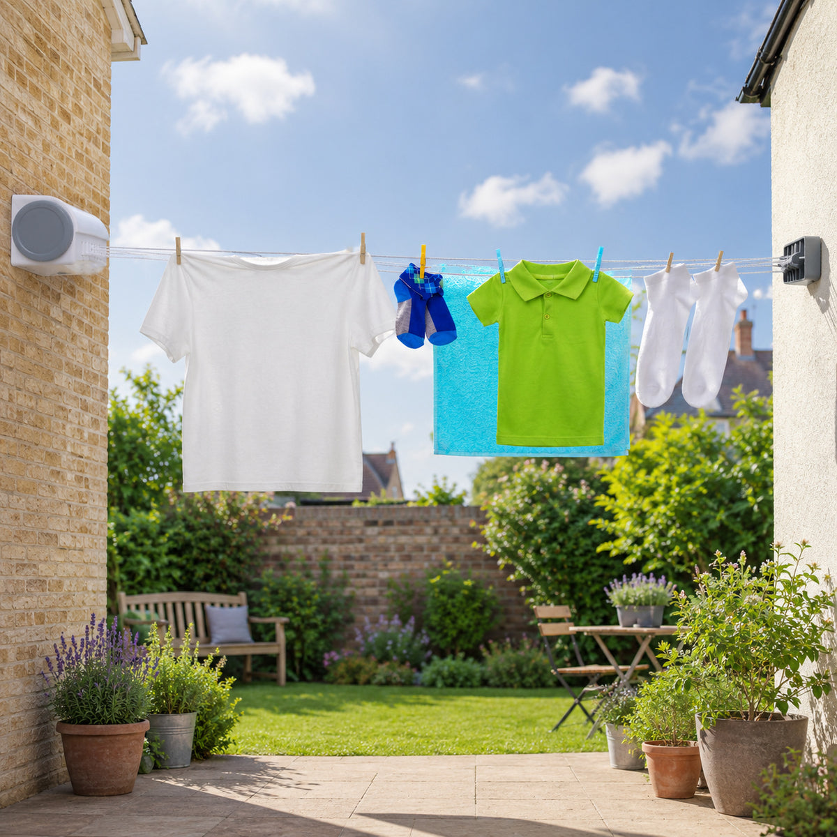 Retractable four-line washing line installed outdoors