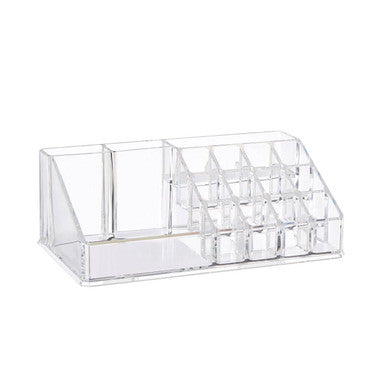 Clear makeup organiser with sixteen compartments