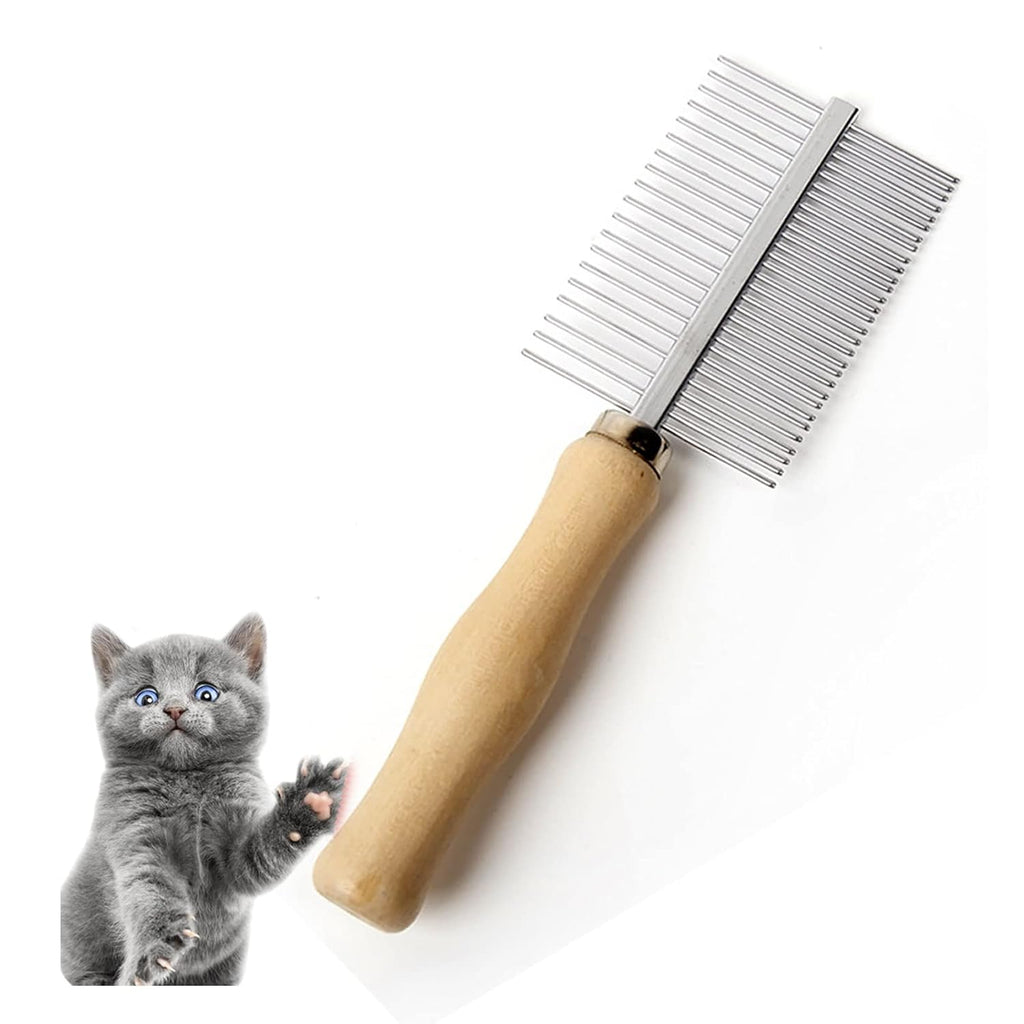 Double-sided pet grooming comb with wooden handle