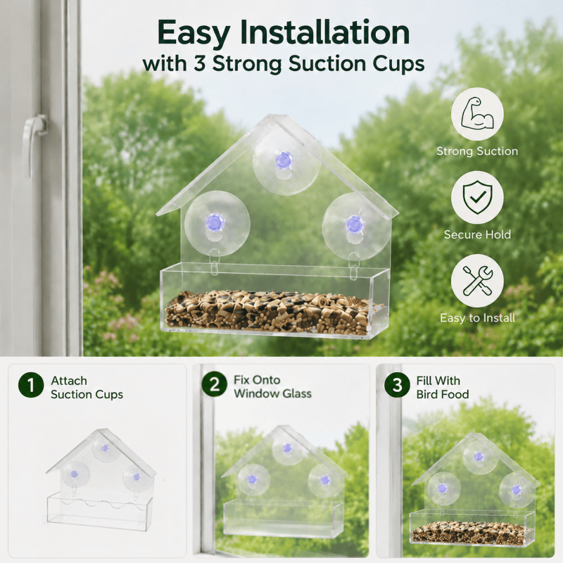 Clear window bird feeder mounted with suction cups