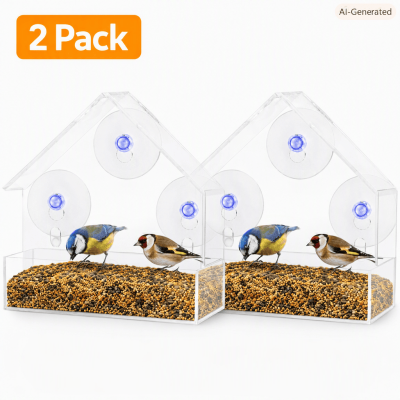 Two clear acrylic window bird feeders