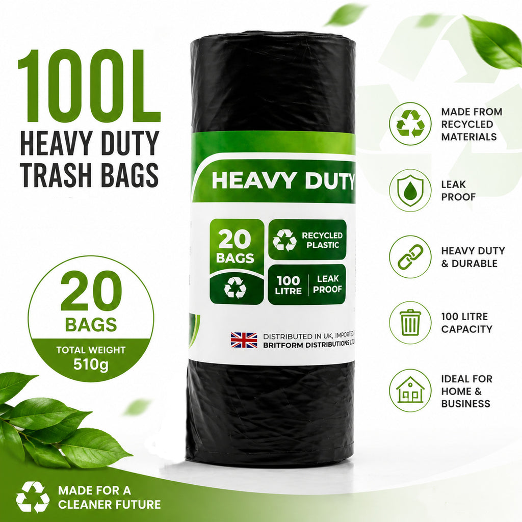 20-pack of black 100 litre heavy-duty recycled plastic bin bags