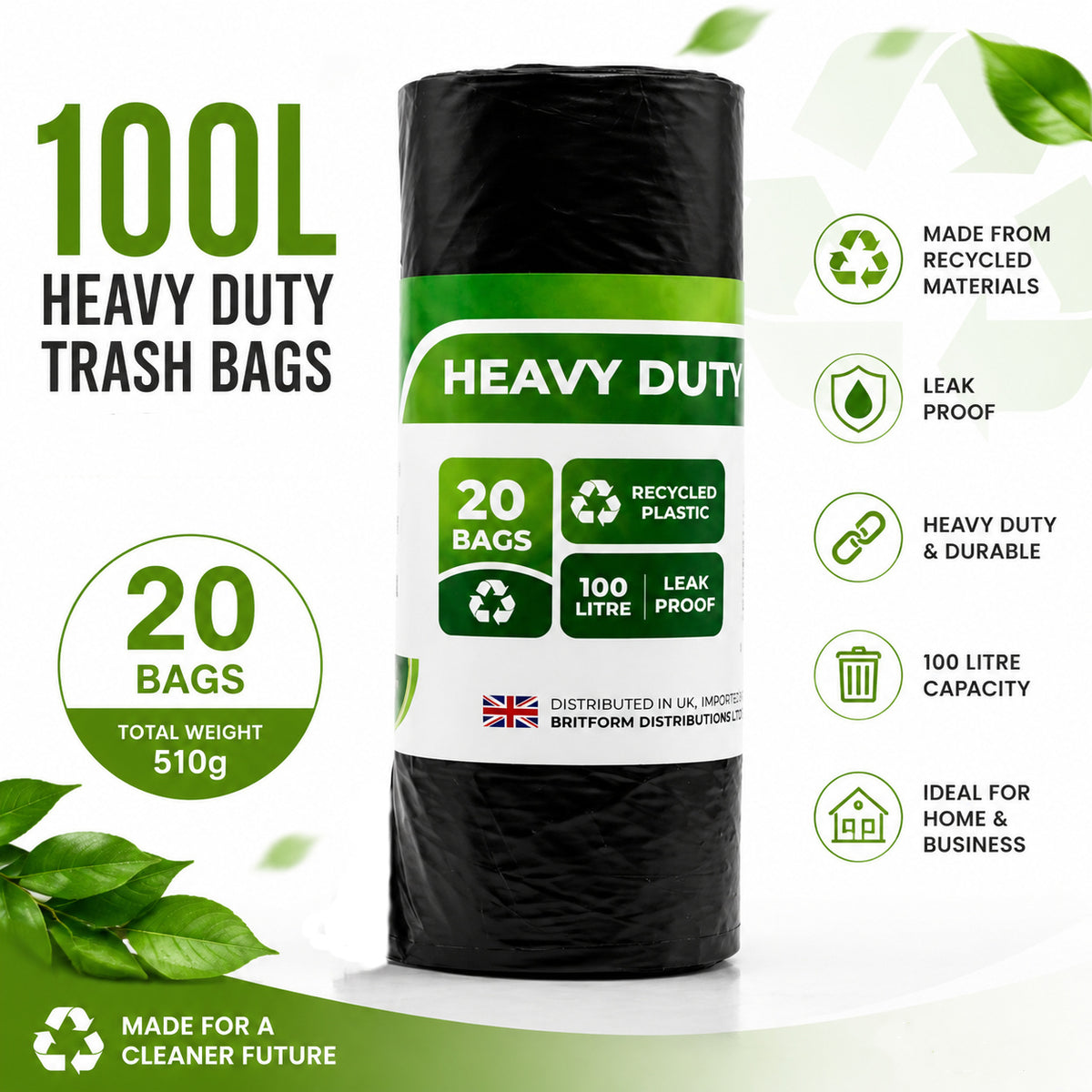 20-pack of black 100 litre heavy-duty recycled plastic bin bags