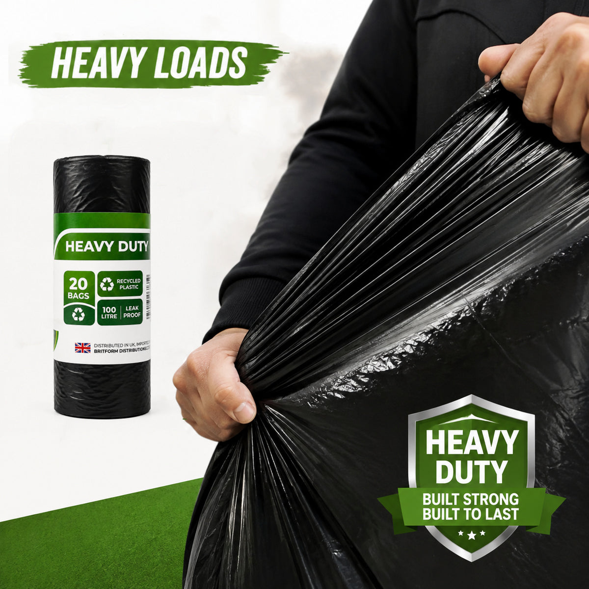 Black 100 litre heavy-duty bin bag shown stretched for large household waste