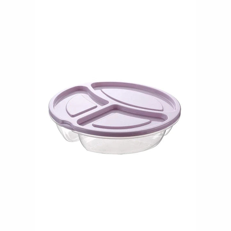 Round 3-section clear plastic food storage container with lid