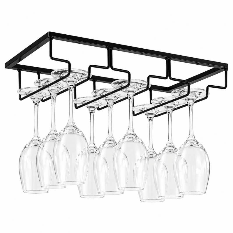 3-slot black under-cabinet wine glass rack