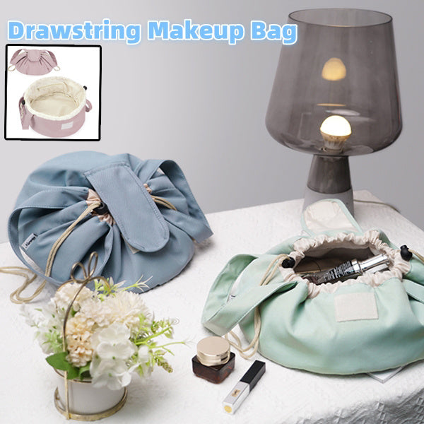 Drawstring barrel makeup and toiletry bag