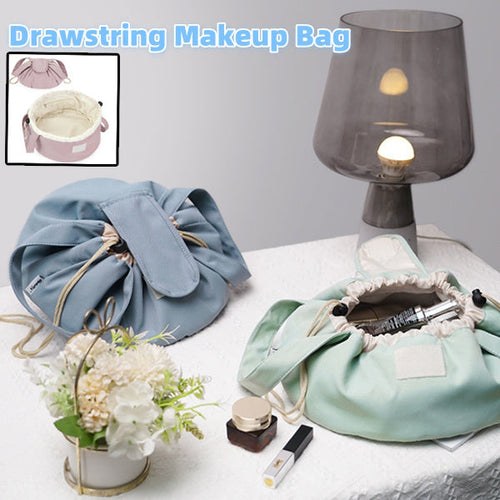 Drawstring barrel makeup and toiletry bag