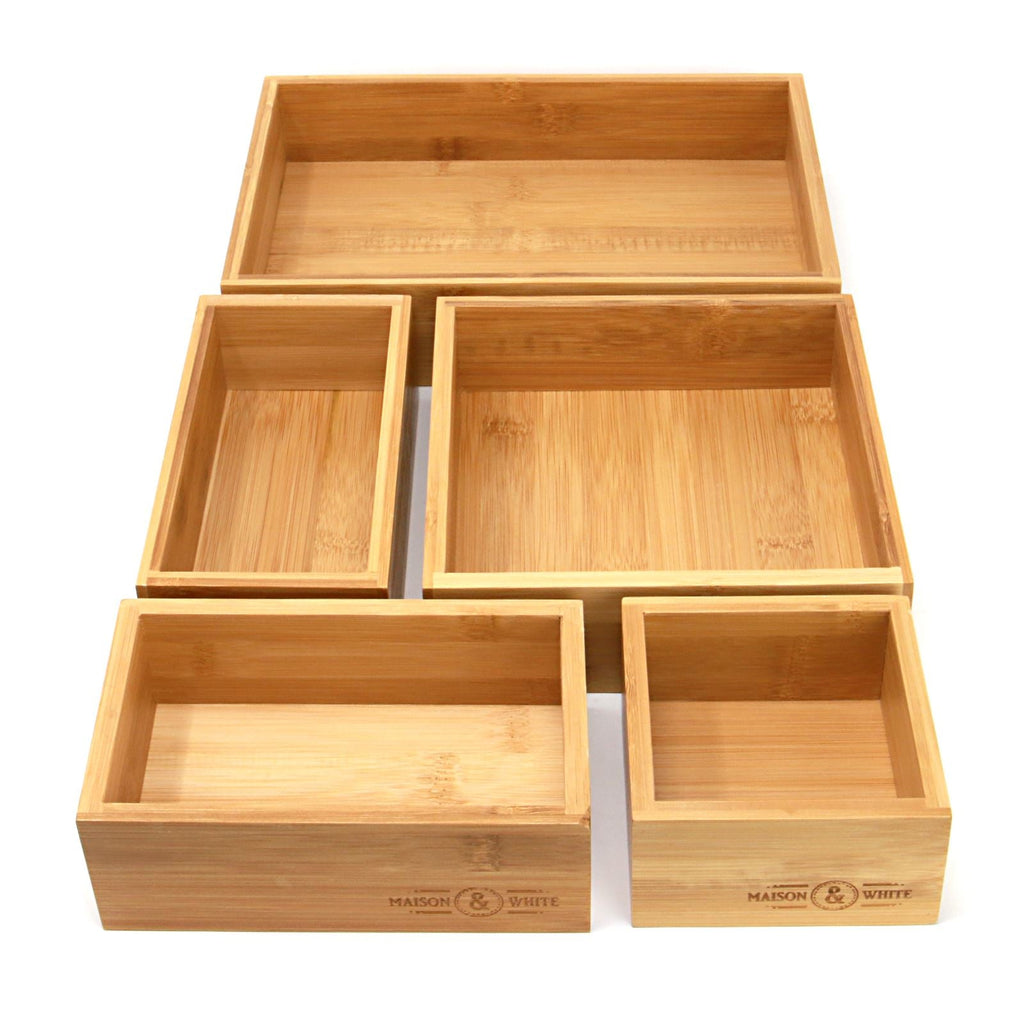 Set of five Maison and White bamboo drawer organisers