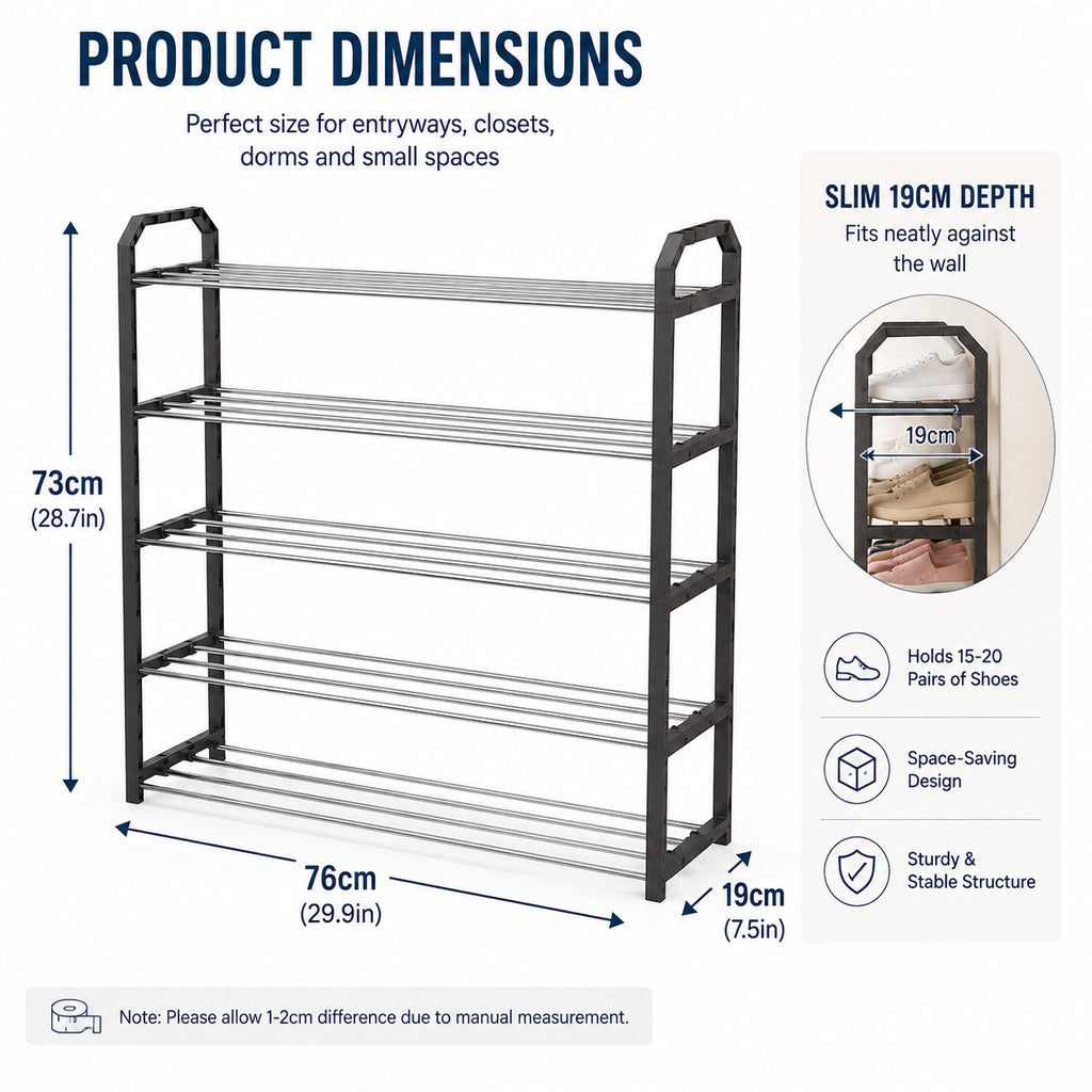 5-tier shoe rack dimensions and capacity