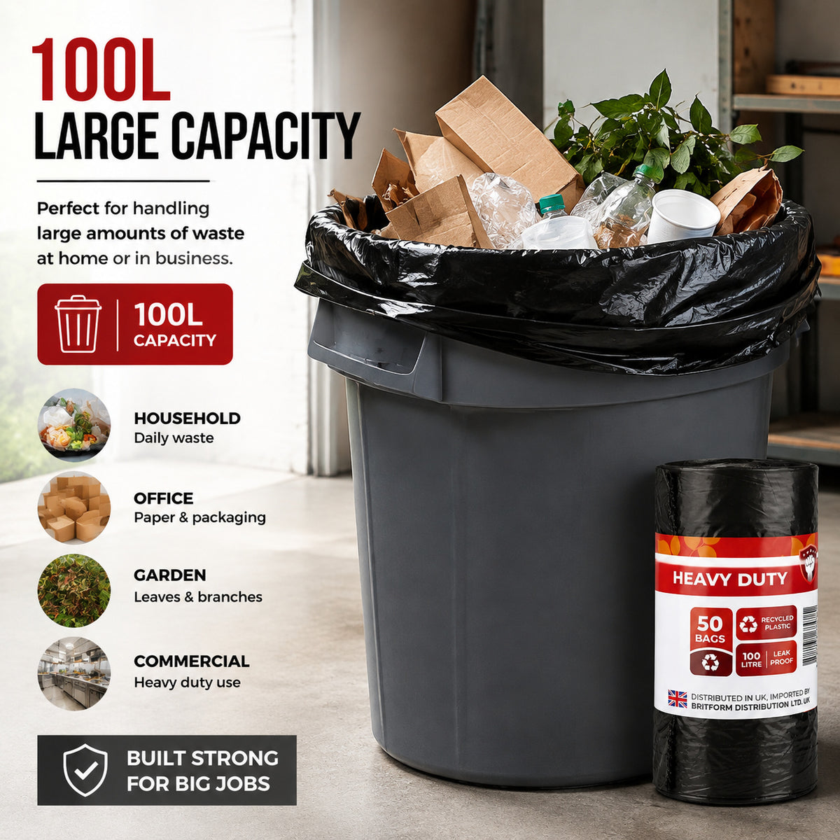 100L heavy-duty black bin bags in use