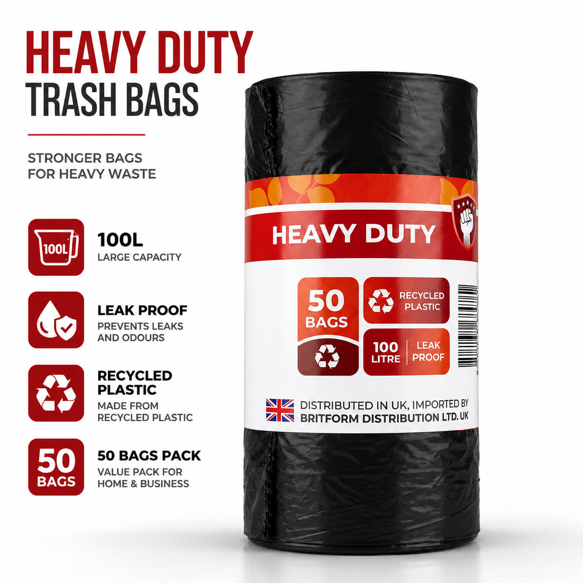 50-pack 100L heavy-duty black bin bags