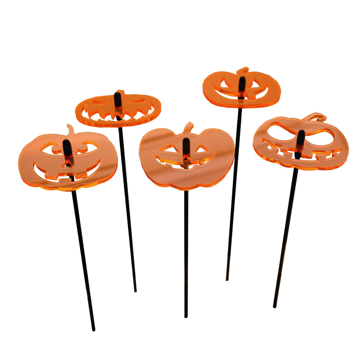 Five fluorescent acrylic pumpkin garden stakes