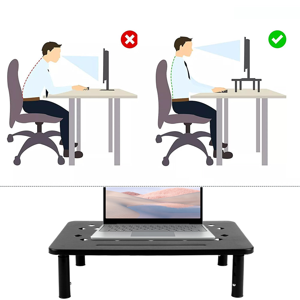 Adjustable monitor riser supporting an improved desk viewing height