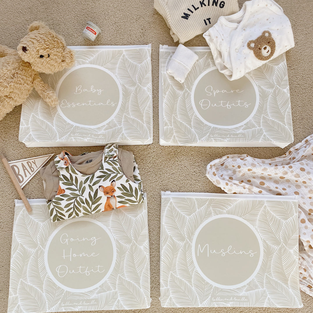 Set of ten beige leaf hospital bag organiser pouches