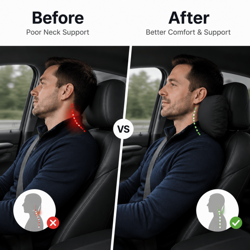 Ergonomic black car headrest neck support pillow fitted to a car seat