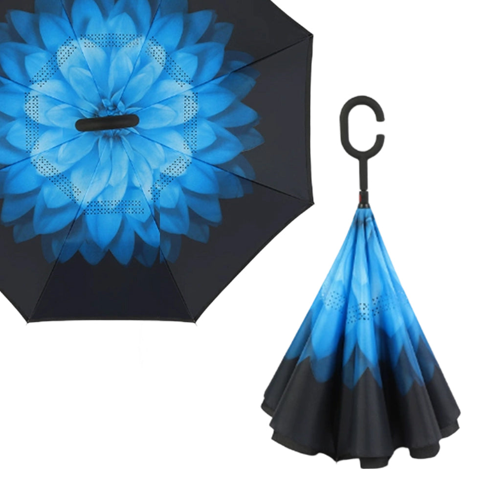 Blue daisy inverted reverse umbrella with C-shaped handle