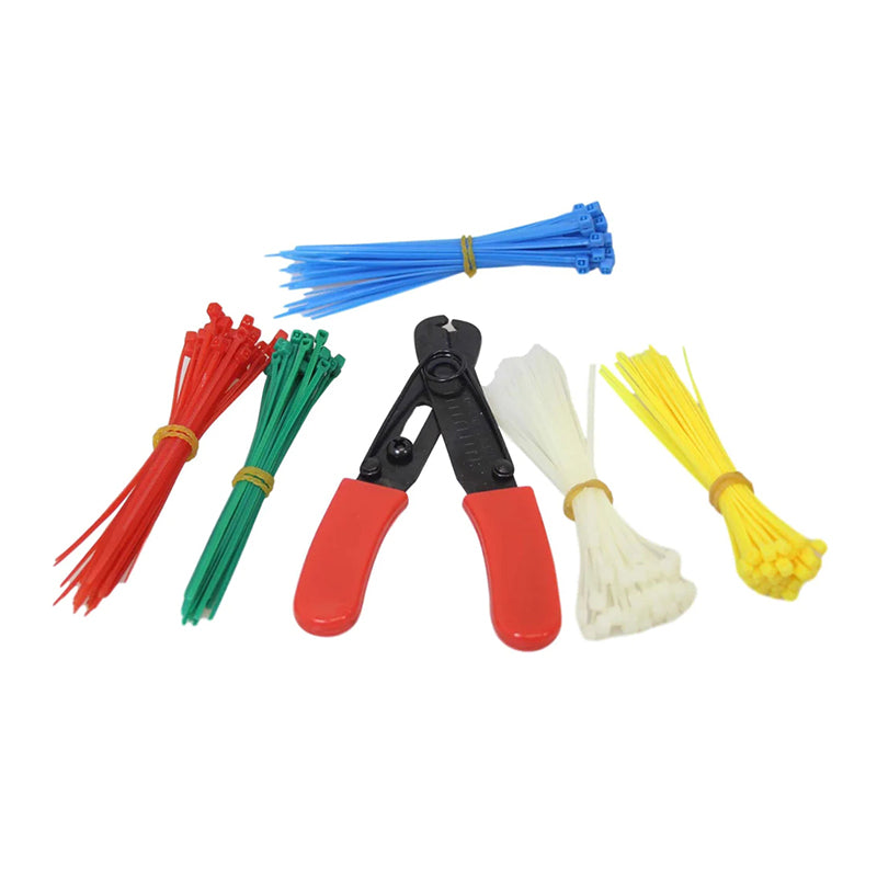 Cable tie set with tightening and cutting tool