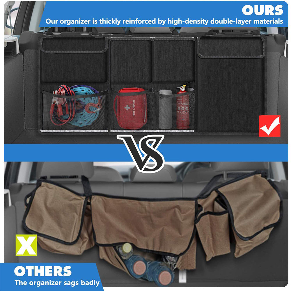 Detachable car boot organiser with zipped storage sections