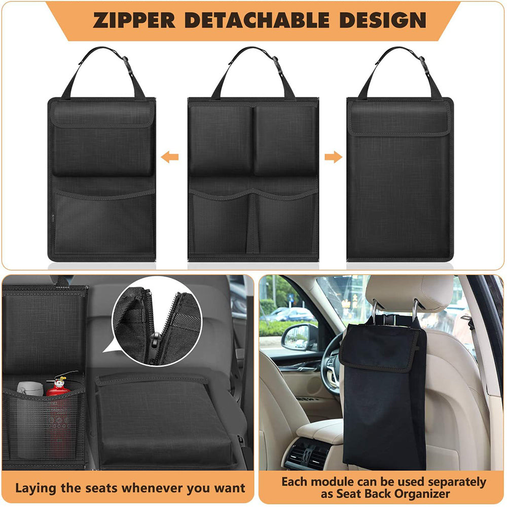 Black car seat-back organiser for SUV hatchback and van storage