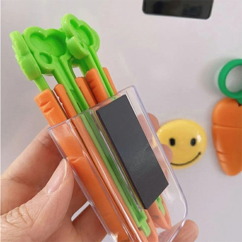 Reusable carrot bag clips for sealing opened snack bags