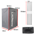 Grey collapsible laundry basket on wheels with dimensions and support rods