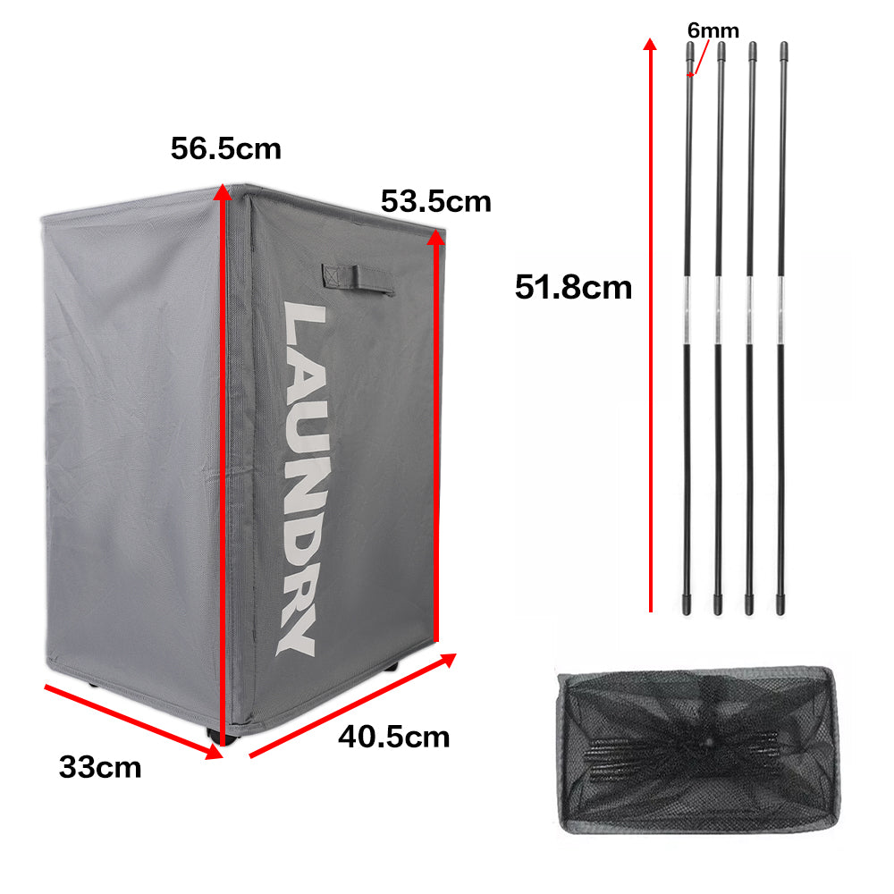 Grey collapsible laundry basket on wheels with dimensions and support rods