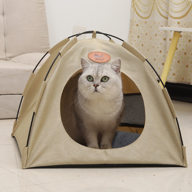 Beige foldable pet tent with cat inside