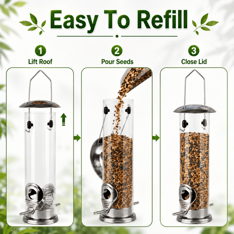Hanging bird feeder with feeding ports and perches