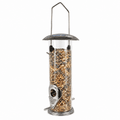 Hanging metal tube bird feeder for garden birds