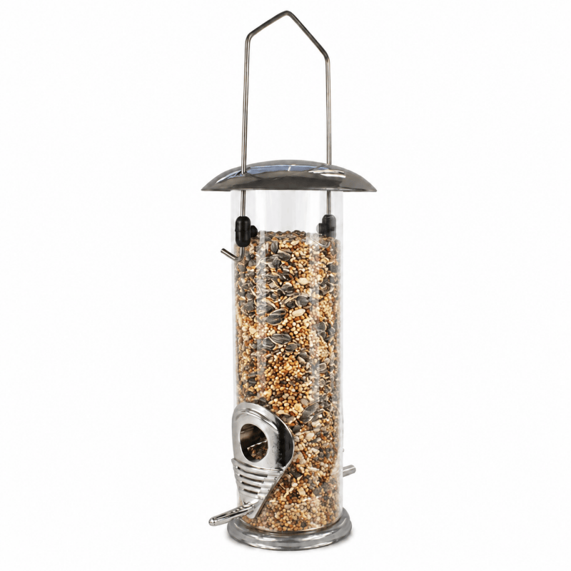 Hanging metal tube bird feeder for garden birds