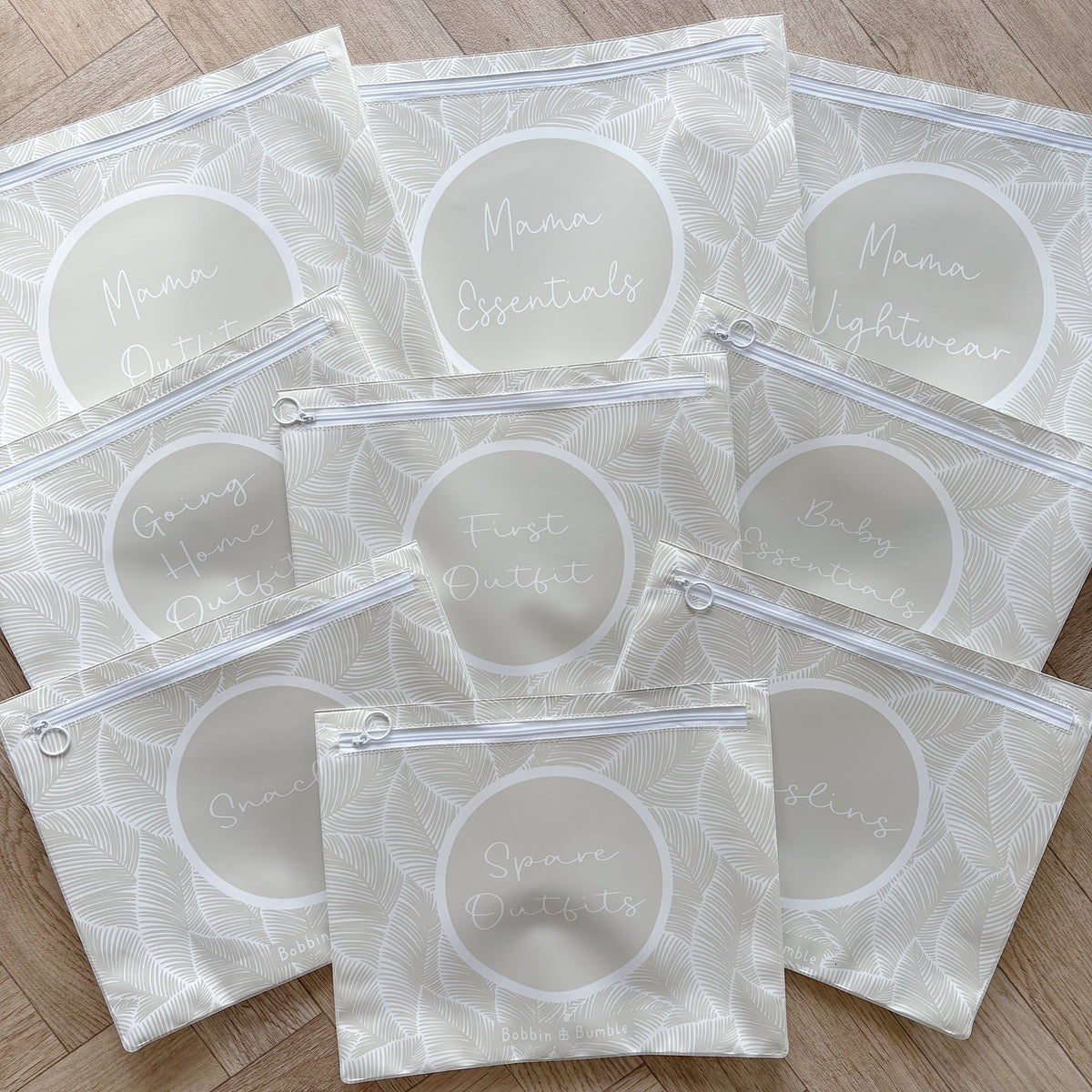 Beige Leaf Hospital Bag Organiser Pouches – Set of 10