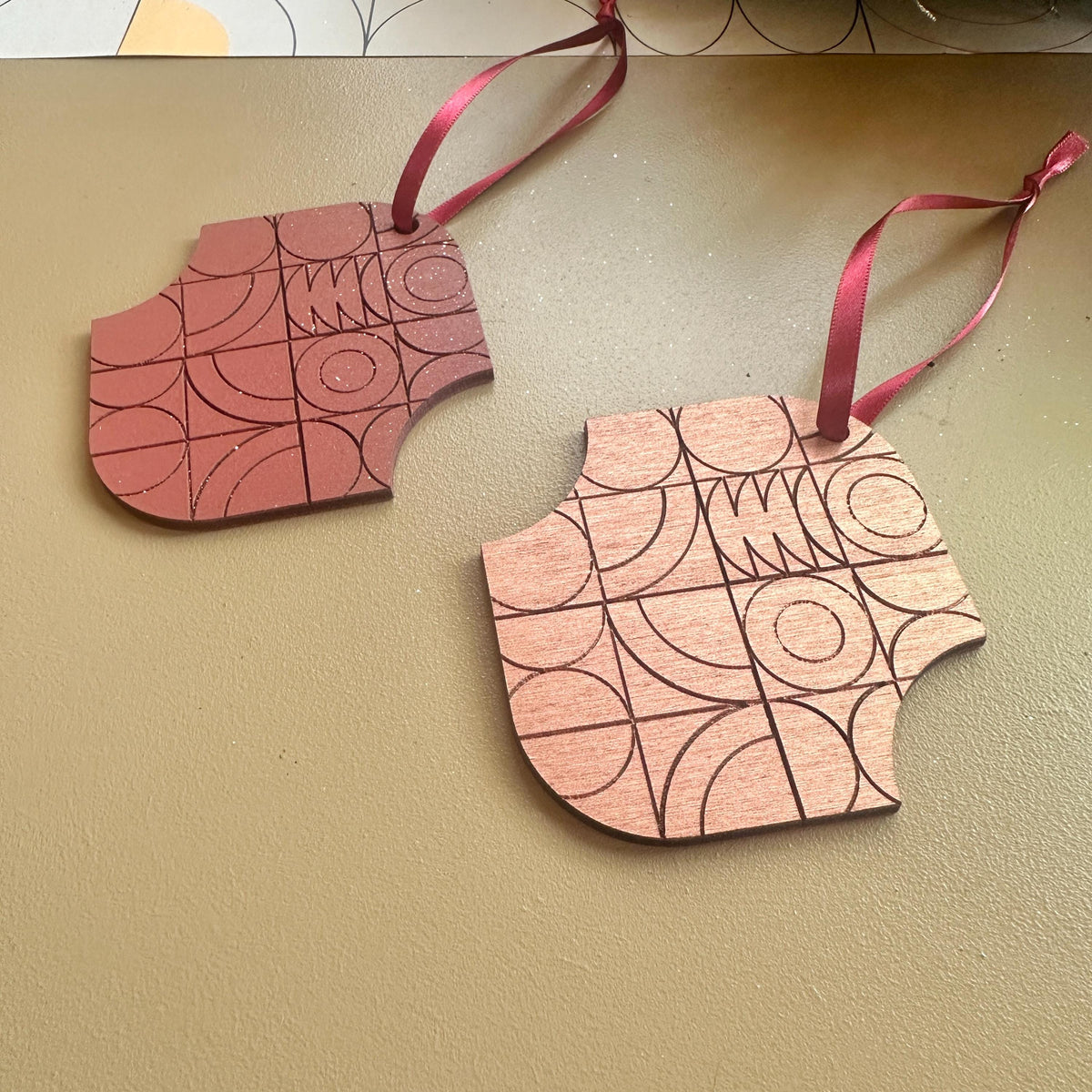 Geometric Wooden Christmas Ornaments – Copper & Winter Berry Options