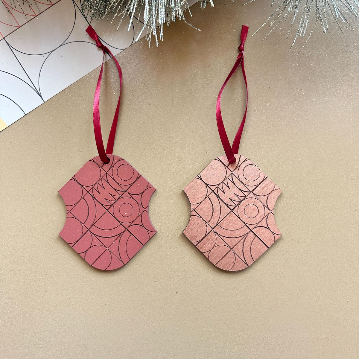 Geometric Wooden Christmas Ornaments – Copper & Winter Berry Options