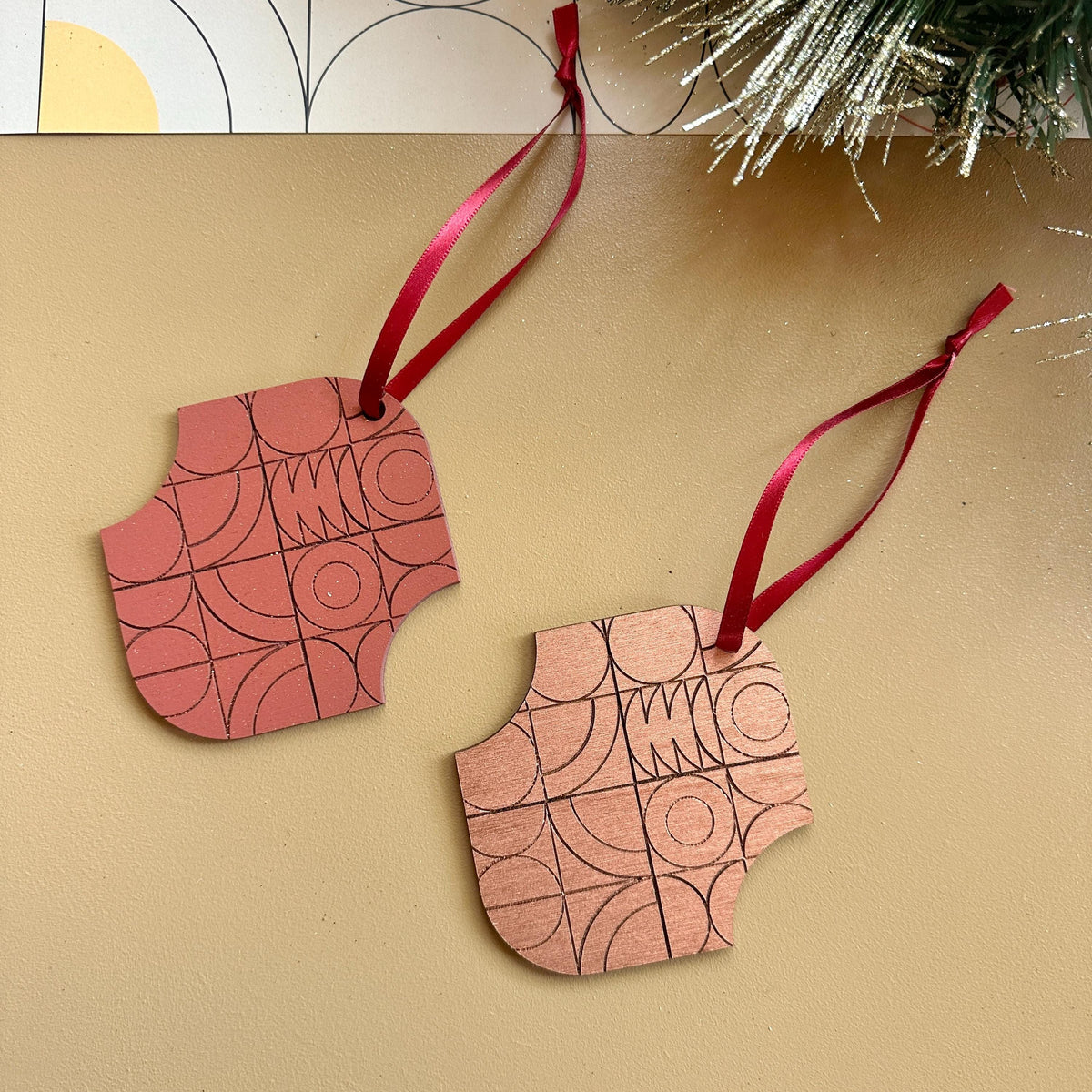 Geometric Wooden Christmas Ornaments – Copper & Winter Berry Options