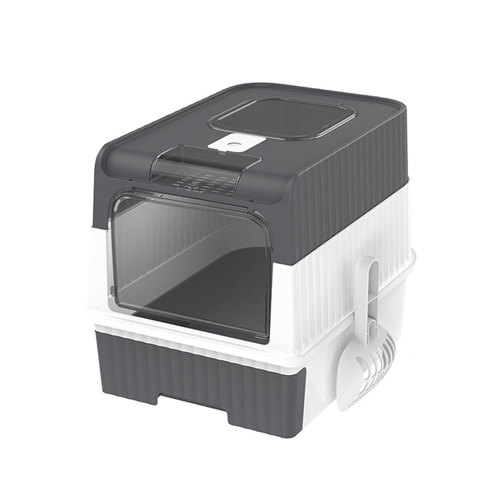 Large enclosed grey cat litter box with drawer tray