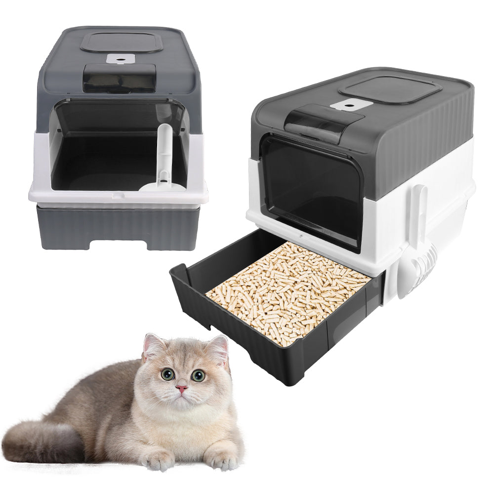 Grey enclosed cat litter tray with top exit and pull-out drawer
