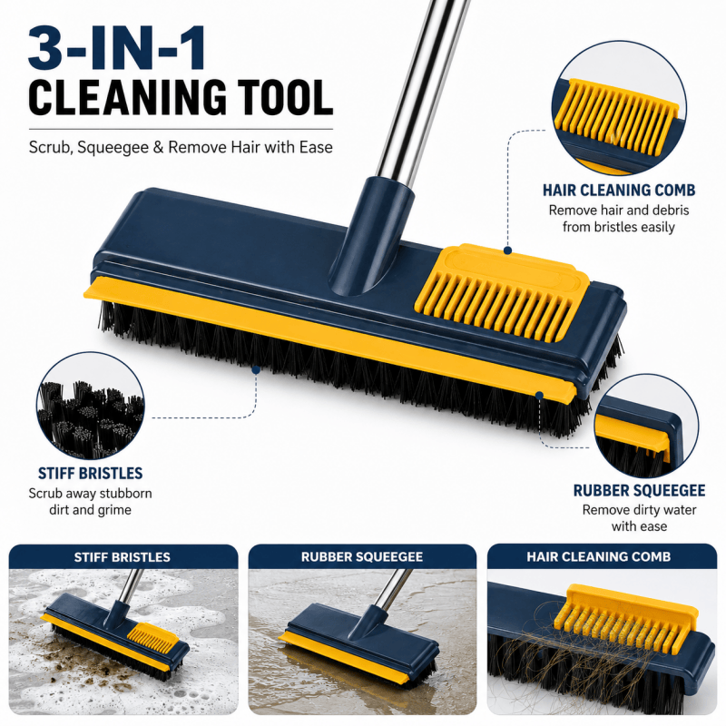3 in 1 floor scrub brush showing bristles squeegee and hair cleaning comb