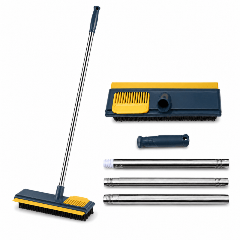 Long handle floor scrub brush with squeegee and hair cleaning comb
