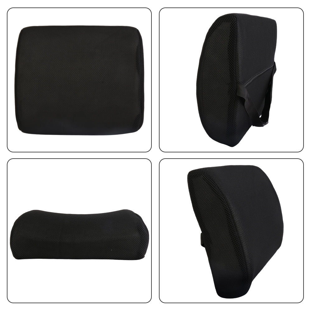 Black lumbar cushion shown from multiple angles