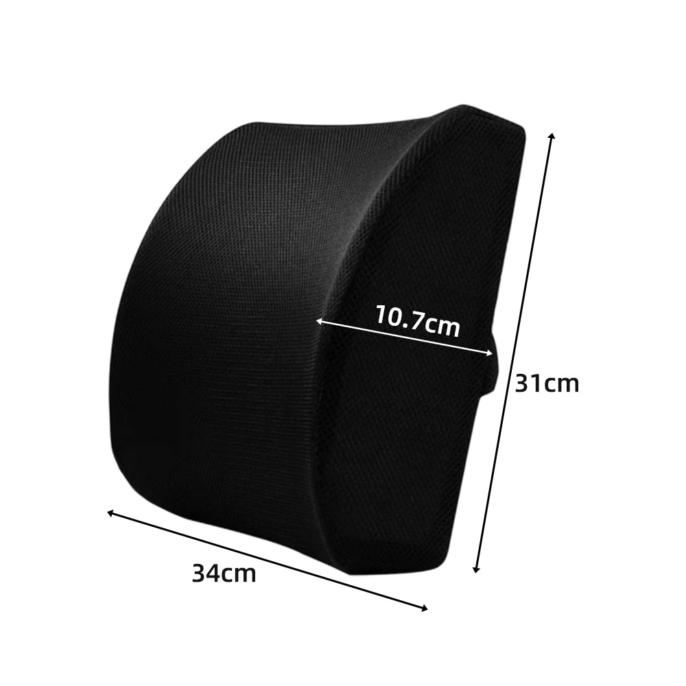 Black lumbar support cushion dimensions 34 by 31 by 10.7 centimetres