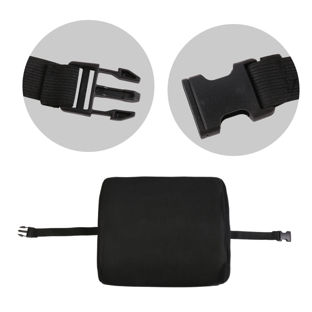 Adjustable fastening strap on black lumbar cushion