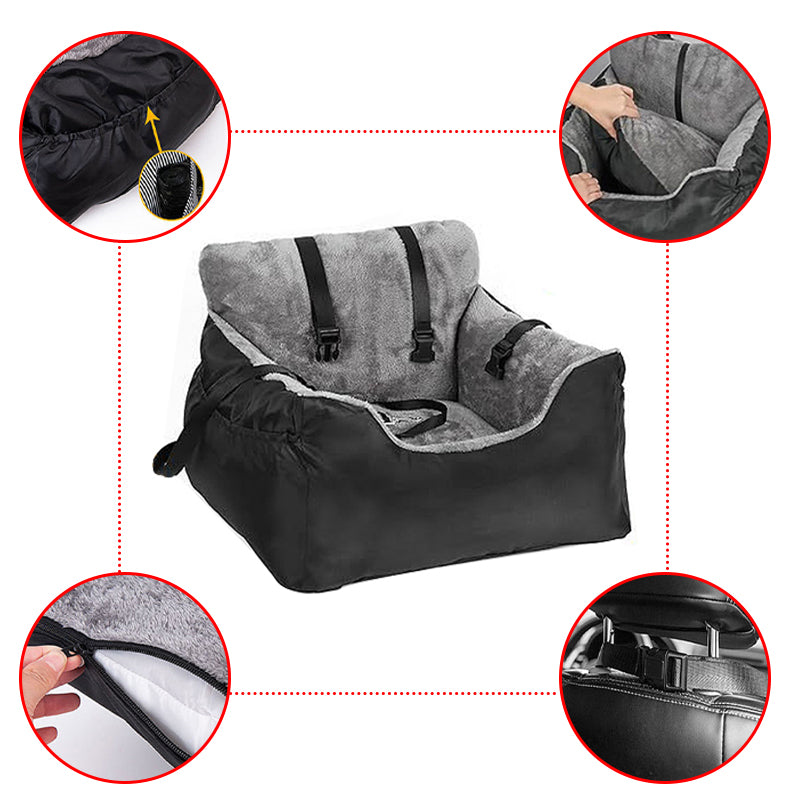 Black plush pet car booster seat with storage pocket and tether