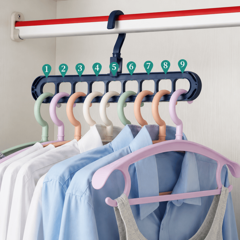 Nine-slot hanger organiser holding shirts