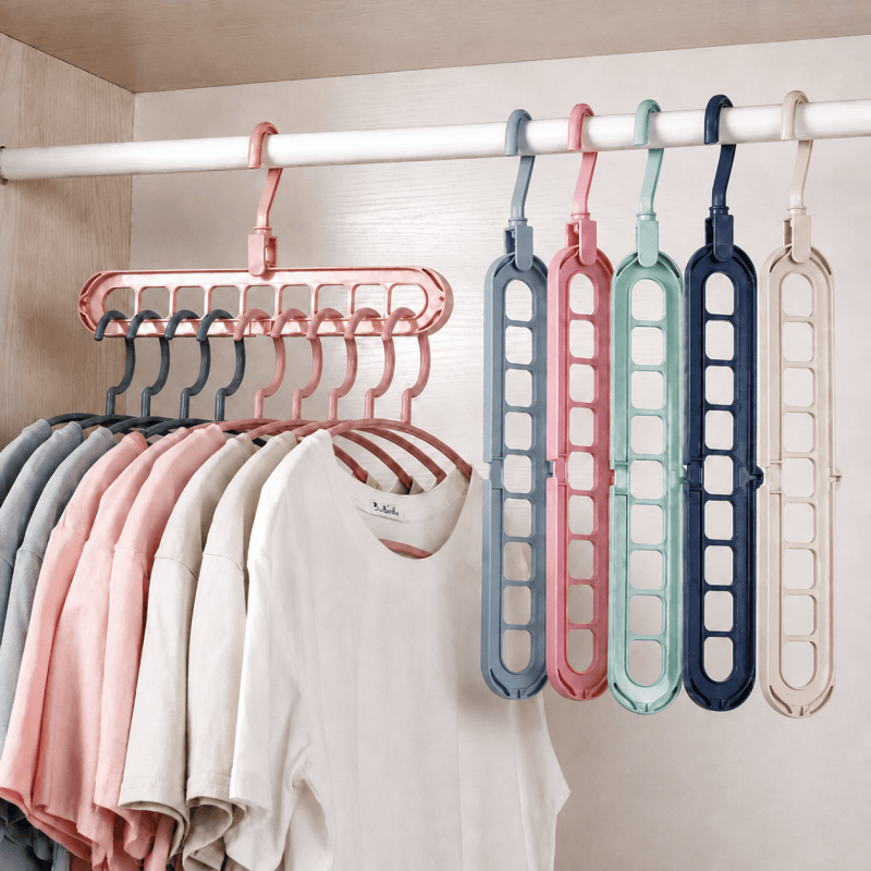 Space-saving clothes hangers shown in a wardrobe