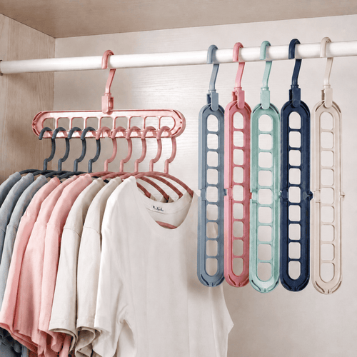 Space-saving clothes hangers shown in a wardrobe